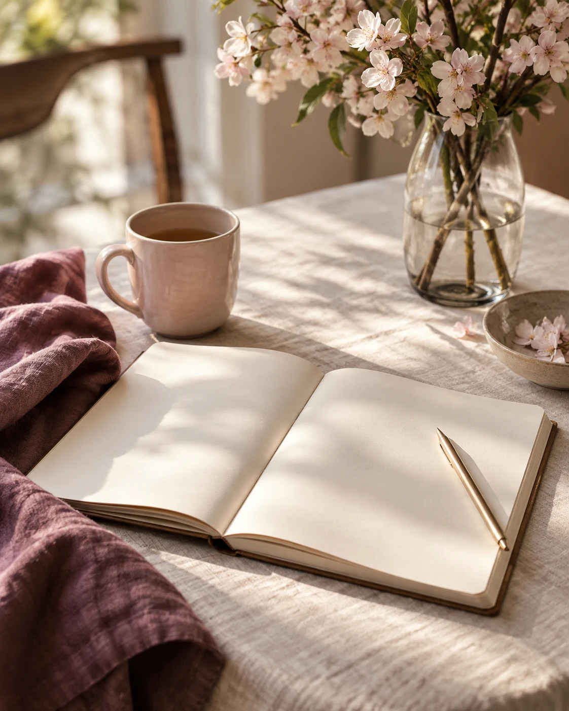 An open journal, a warm drink and soft blossoms in the afternoon light