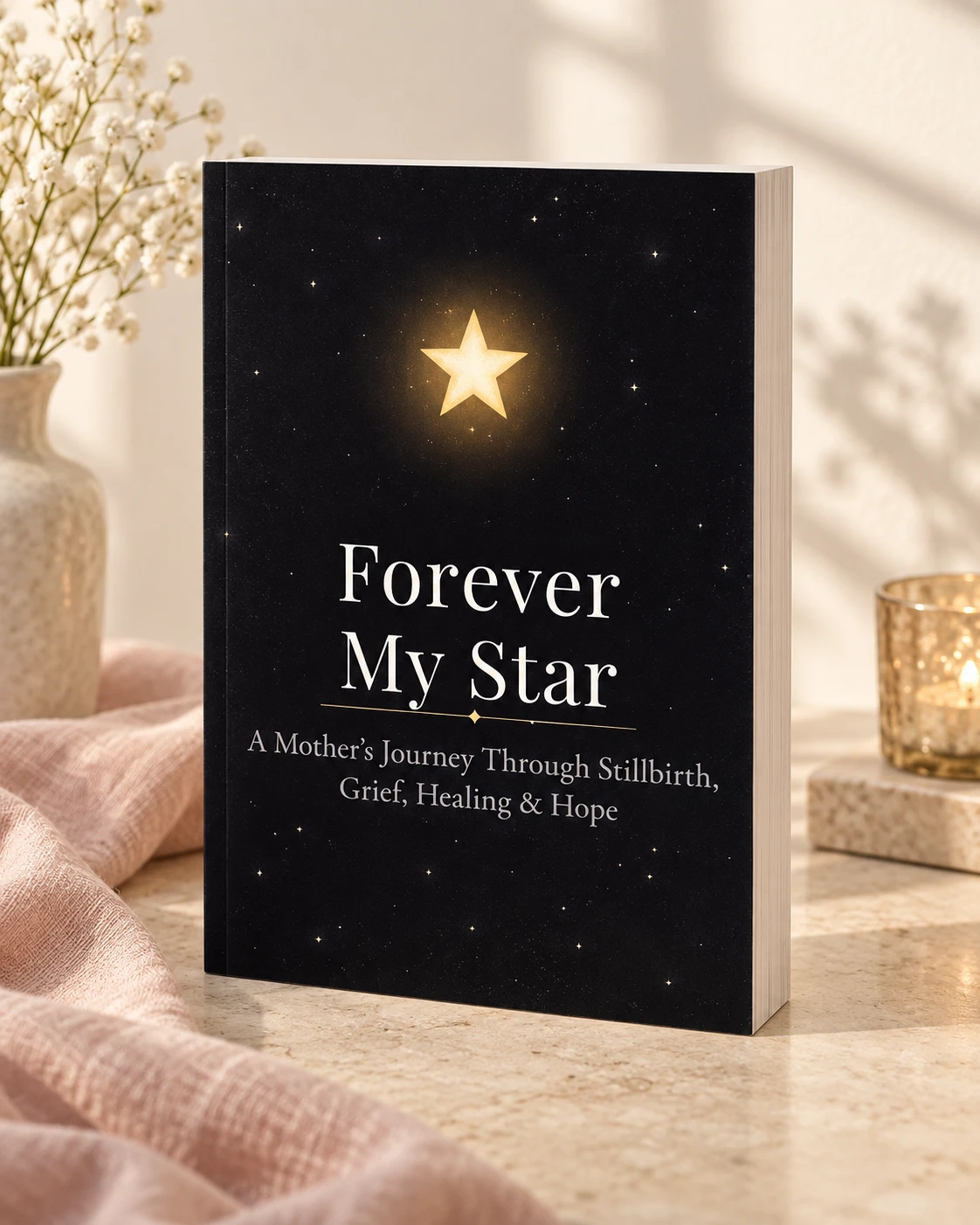 Styled book-cover mockup of Forever My Star, with its gold star against a midnight sky